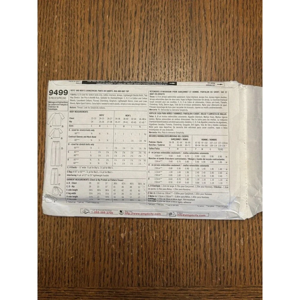 Simplicity Sewing Pattern 9499 Boys Mens S-L S-XL Loungewear Pants Shorts Top